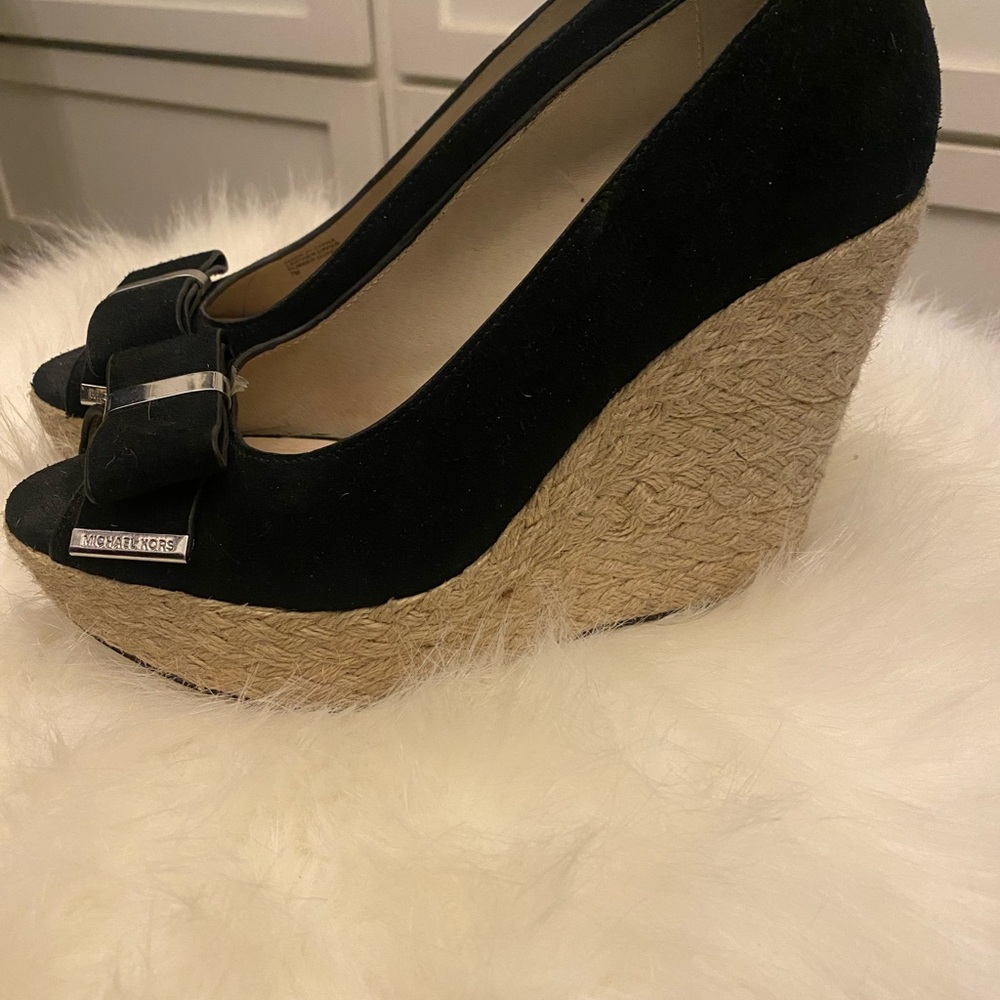 Michael Kors Black and Tan Peep-Toe Wedges